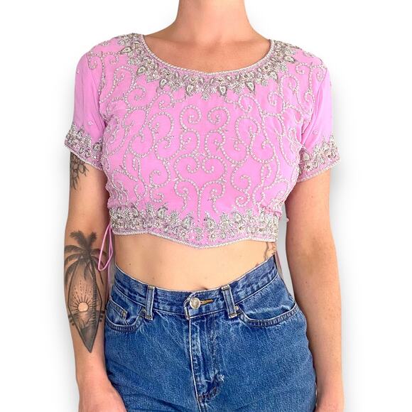 Baby Pink Barbie Embellished Sparkle Beaded Sequin Glitter Corset Tie Crop Top - Picture 3 of 7
